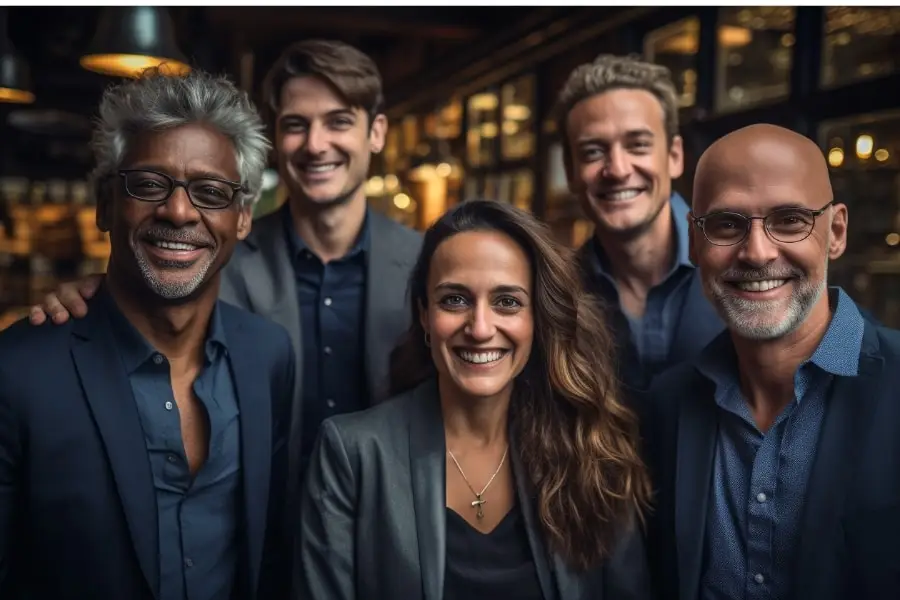 A group of friends and colleagues smiling together